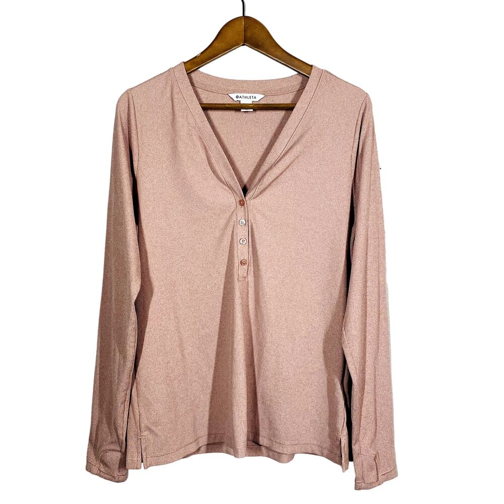 Athleta Micro Ribbed V NEck Henley Pullover Top Shirt Long Sleeve Dusty Rose- XL